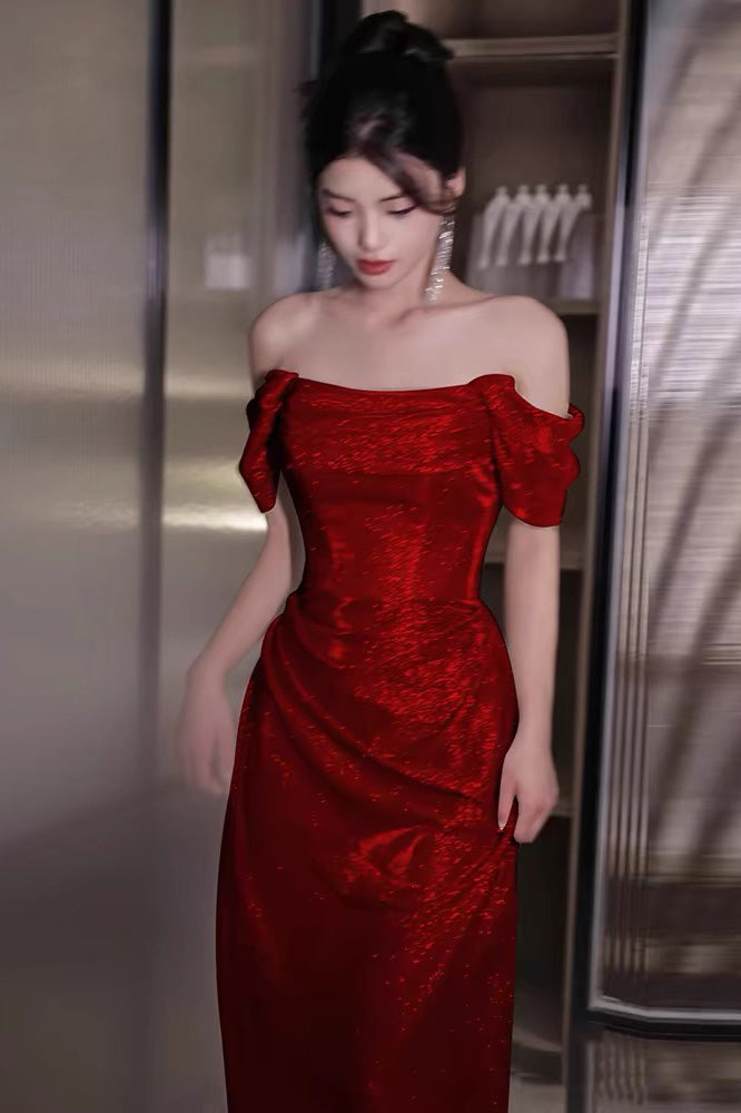 Off-the-Shoulder Red A-Line Sleeveless Long Prom Dress, Evening Gown CHP0336