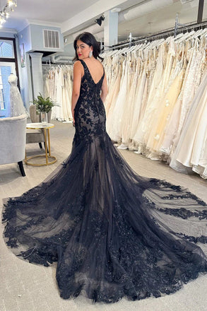 Black Tulle Appliques V-Neck Trumpet Long Wedding Dress, Bridal Gown CHW0184