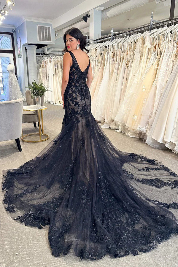 Black Tulle Appliques V-Neck Trumpet Long Wedding Dress, Bridal Gown C cherishgirls Black Tulle Appliques V-Neck Trumpet Long Wedding Dress, Bridal Gown C cherishgirls