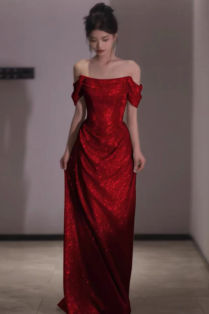 Off-the-Shoulder Red A-Line Sleeveless Long Prom Dress, Evening Gown CHP0336
