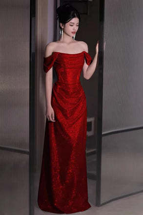 Off-the-Shoulder Red A-Line Sleeveless Long Prom Dress, Evening Gown CHP0336