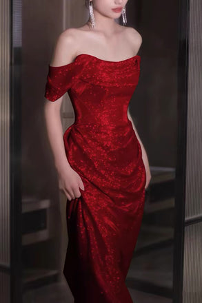 Off-the-Shoulder Red A-Line Sleeveless Long Prom Dress, Evening Gown CHP0336