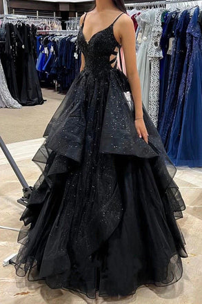 Black Tulle A Line Sequin Long Prom Dress Glitter Graduation Evening Dresses CHP0460