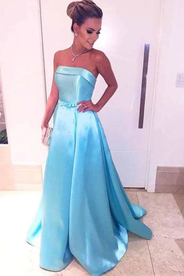 Blue Strapless Prom Dresses Elegant Satin Long Evening Dresses, Formal Dresses CHP0302
