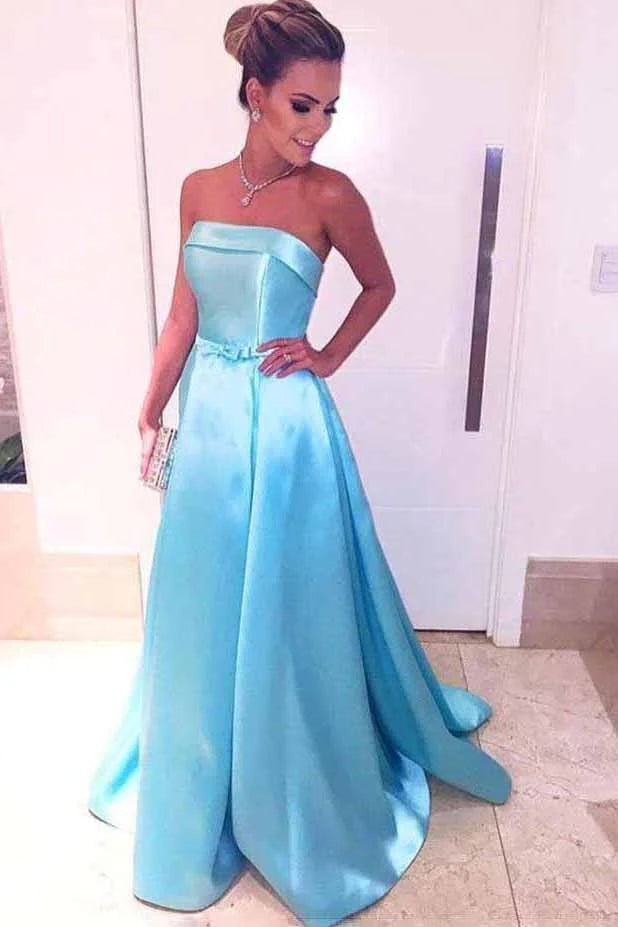 Blue Strapless Prom Dresses Elegant Satin Long Evening Dresses, Formal Dresses CHP0302