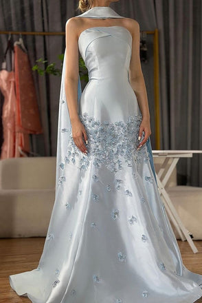 Classy A Line Strapless Light Blue Satin Long Prom Dresses,Formal Dress CHP0427