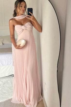 Classy A Line Strapless Light Pink Chiffon Long Prom Dresses Evening Dress With Ruffles CHP0393