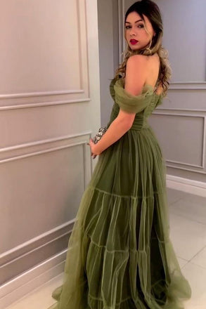 Off-the-Shoulder Long Green Tulle Prom Dress, Formal Party Gown CHP0371