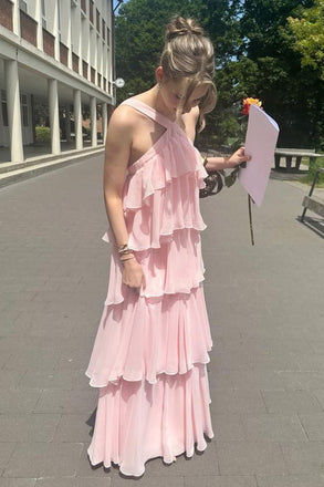 Halter Pink Chiffon A-Line Prom Dresses, Bridesmaid Dress CHP0419