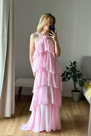 Halter Pink Chiffon A-Line Prom Dresses, Bridesmaid Dress CHP0420