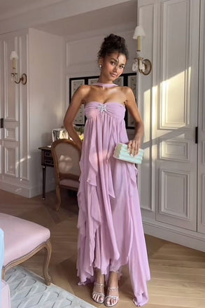 Halter Pink Chiffon A-Line Prom Dresses, Bridesmaid Dress CHP0423