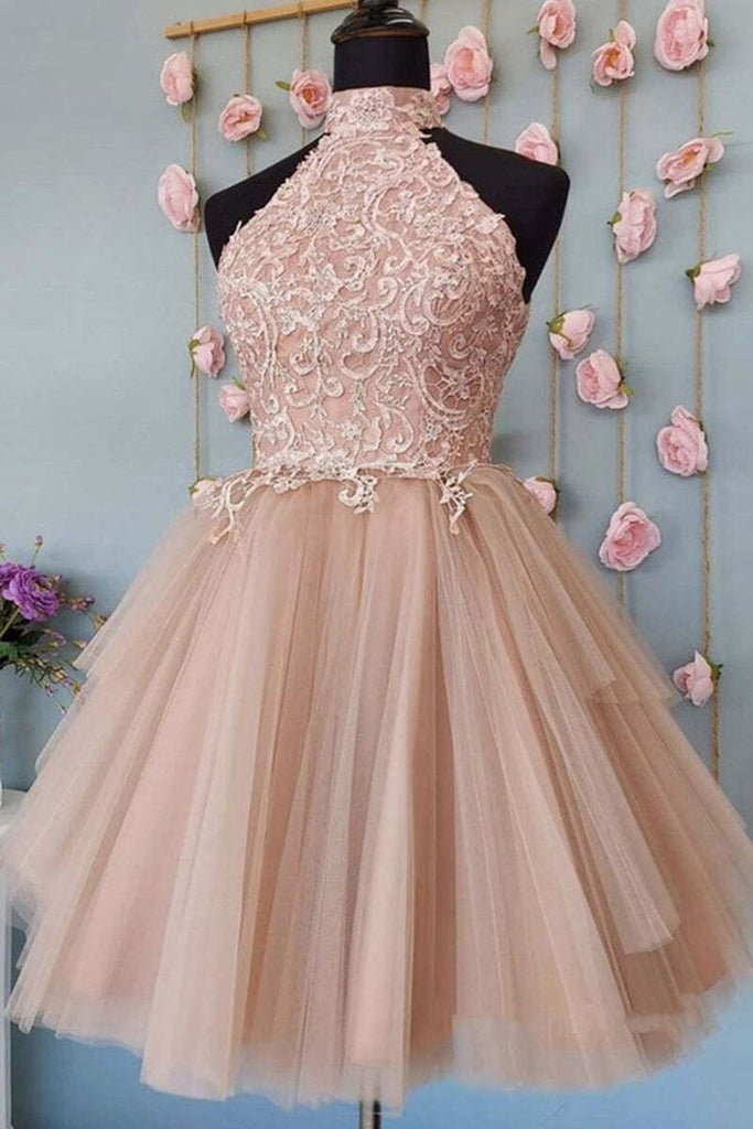 Halter Open Back Short Lace Prom Dress, Formal Graduation Dress, Sweet 16 Dresses chh0177