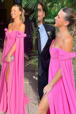 Hot Pink A Line Off Shoulder Prom Party Dress Long Formal Evening Dress CHP0416