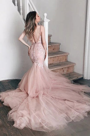 Pink Mermaid Sheer V Neck Wedding Dress With Applique, Bridal Gown CHW0178