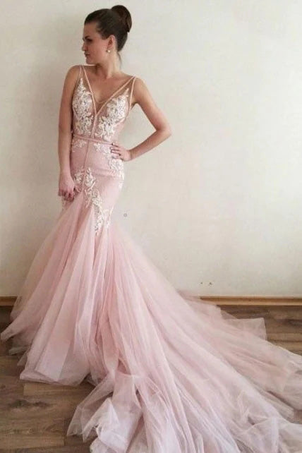 Pink Mermaid Sheer V Neck Wedding Dress With Applique, Bridal Gown CHW cherishgirls Pink Mermaid Sheer V Neck Wedding Dress With Applique, Bridal Gown CHW cherishgirls