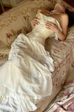 Modest Sheath Strapless Chiffon Sleeveless Ivory Long Prom Dress Evening Dresses CHP0377