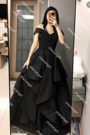 Off-the-Shoulder Black Tulle A-Line Long Prom Dress, Formal Dress CHP0409
