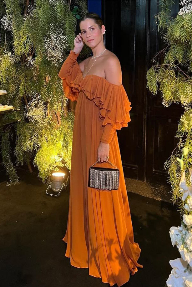 Off-the-Shoulder Classic Chiffon Evening Dresses With Ruffles, A Line Long Prom Gowns CHP0415