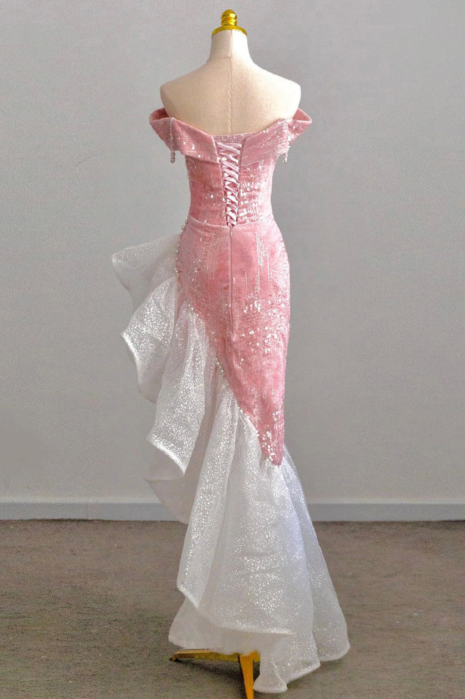 Off the Shoulder Pink Mermaid Prom Gown with Sequins,Shiny Formal Dresses CHP0343