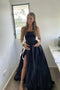 Pretty A Line Strapless Black Satin Evening Dress With Split Prom Dresses CHP0433