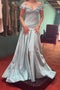 Retro Style A Line Off the Shoulder Grey Blue Long Party Dress with Ruffles CHP0435