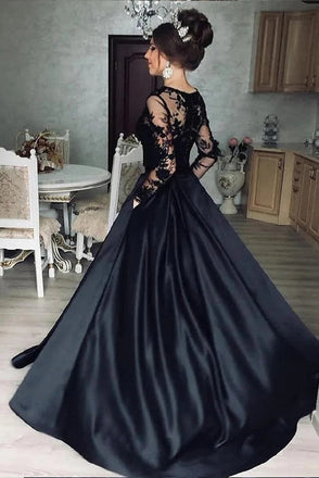 Illusion Lace A-Line Black Satin Long Sleeves Wedding Dress, Bridal Gown CHW0197