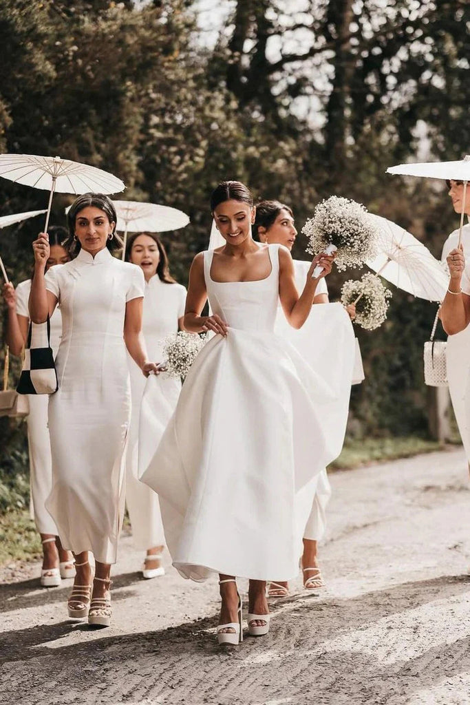 Simple A-Line Square Neck Long White Satin Wedding Dresses, Beach Brid cherishgirls Simple A-Line Square Neck Long White Satin Wedding Dresses, Beach Brid cherishgirls