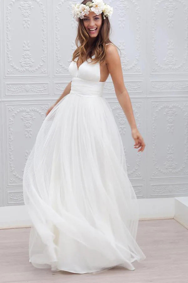 Simple V-neck Spaghetti Straps Wedding Dress With Ruched Sash CHW0204