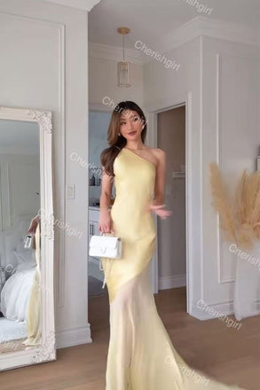 Simple Yellow Stain Long Prom Dress, One-Shoulder Long Evening Gowns CHP0443