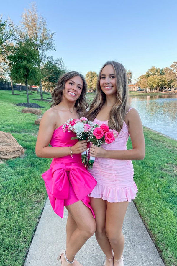pink mini graduation dress ZAPAKA Women Cute Pink Graduation Dress A-Line Spaghetti Straps Lace-Up Back Engagement Party Dress, Pink / M