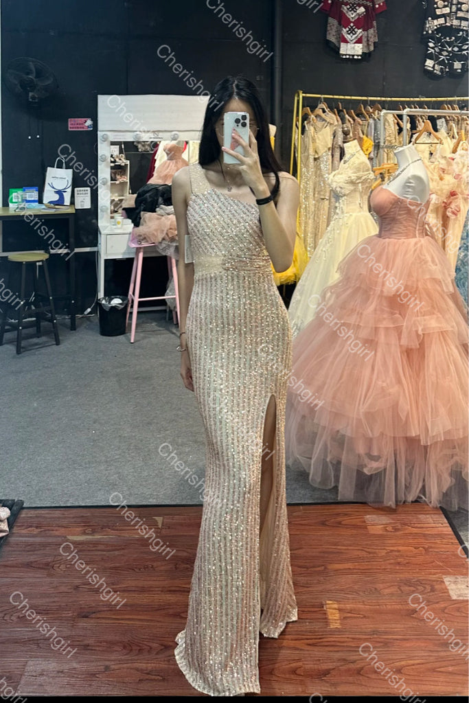 Sparkly One-Shoulder Sequin Long Prom Dress, Slit Evening Dresses CHP0412