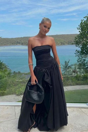 Strapless Black A-Line Long Evening Dress, Party Dresses with Slit CHP0438