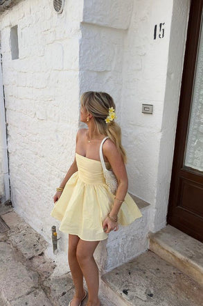 Strapless Light Yellow Tulle Short Homecoming Dress, Short Homecoming Gown CHH0191