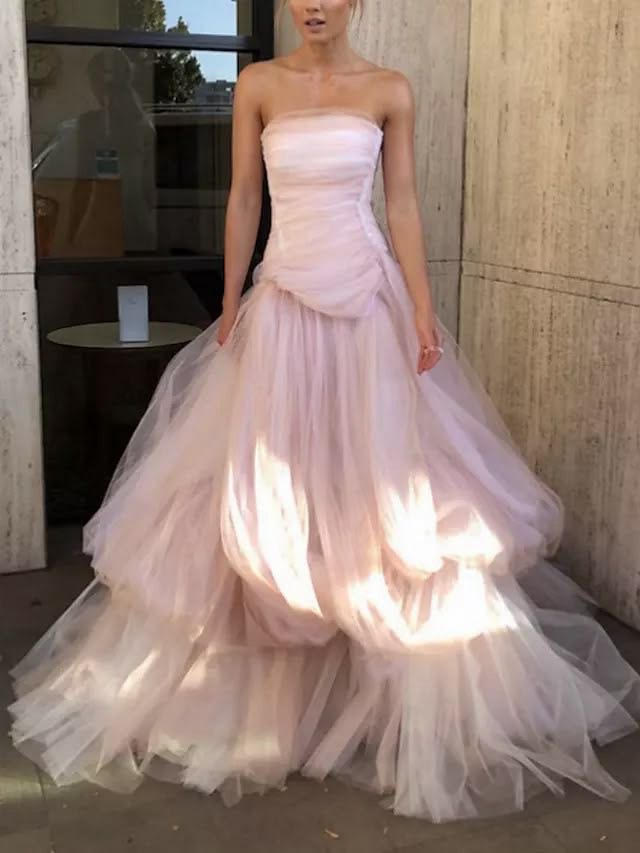 Strapless Pink Tulle A-Line Prom Dresses, Party Dress CHP0424