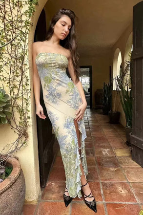 Strapless Sheath Floral Long Prom Dresses With Slit, Party Dress CHP0432