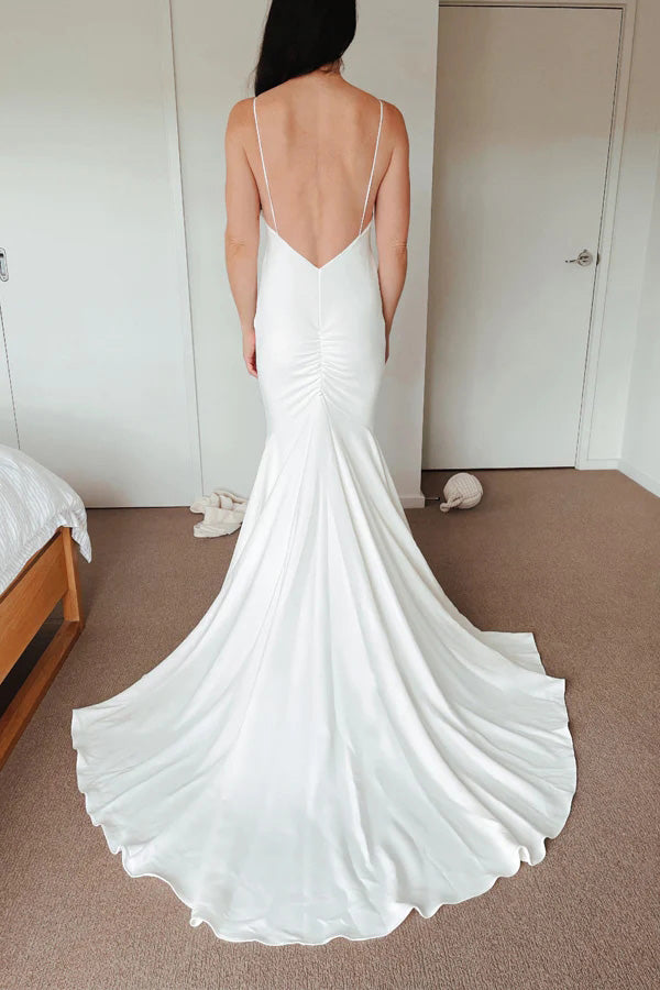 Simple Mermaid Satin Spaghetti Straps V-Neck Beach Wedding Dress CHW0170