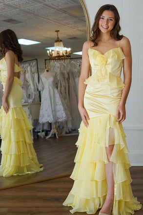 Yellow Spaghetti Straps Long Prom Dresses With Split, Evening Gowns CHP0429