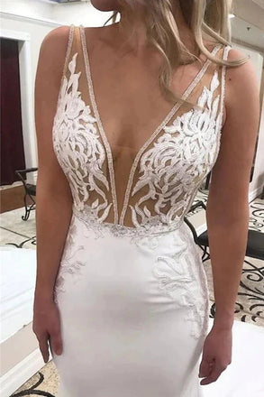 Elegant Mermaid Deep V-Neck Wedding Dresses With Lace Appliques, Bridal CHW0187