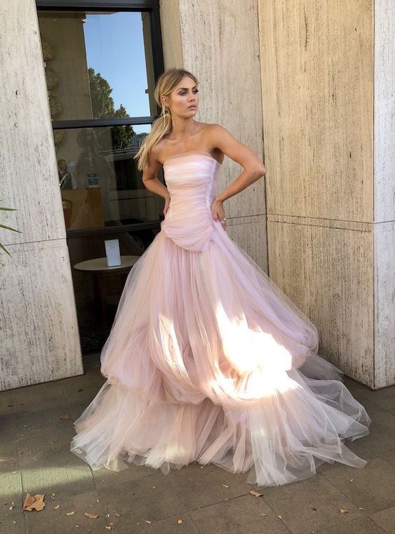 Strapless Pink Tulle A-Line Prom Dresses, Party Dress CHP0424
