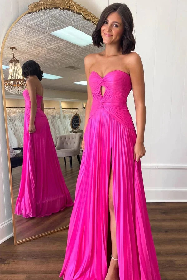 Hot Pink Strapless Keyhole Pleated A-Line Prom Formal Dress, Evening Gown CHP0308