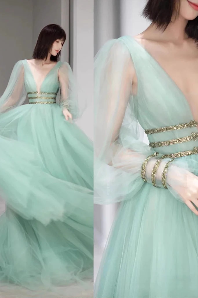 Mint Green Tulle Puffy Sleeve V Neck Long Prom Gown, Formal Dresses CHP0287