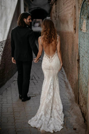 Backless Mermaid Sheer Neck Sleeveless Lace Wedding Dress, Bridal Gown CHW0182