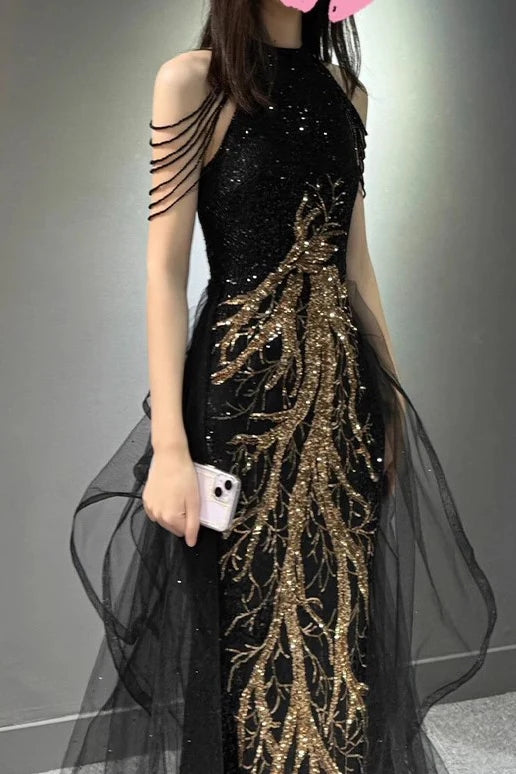 Black Sleeveless Sequined Long Prom Dress With Ruffles, Mermaid Party Gown CHP0344