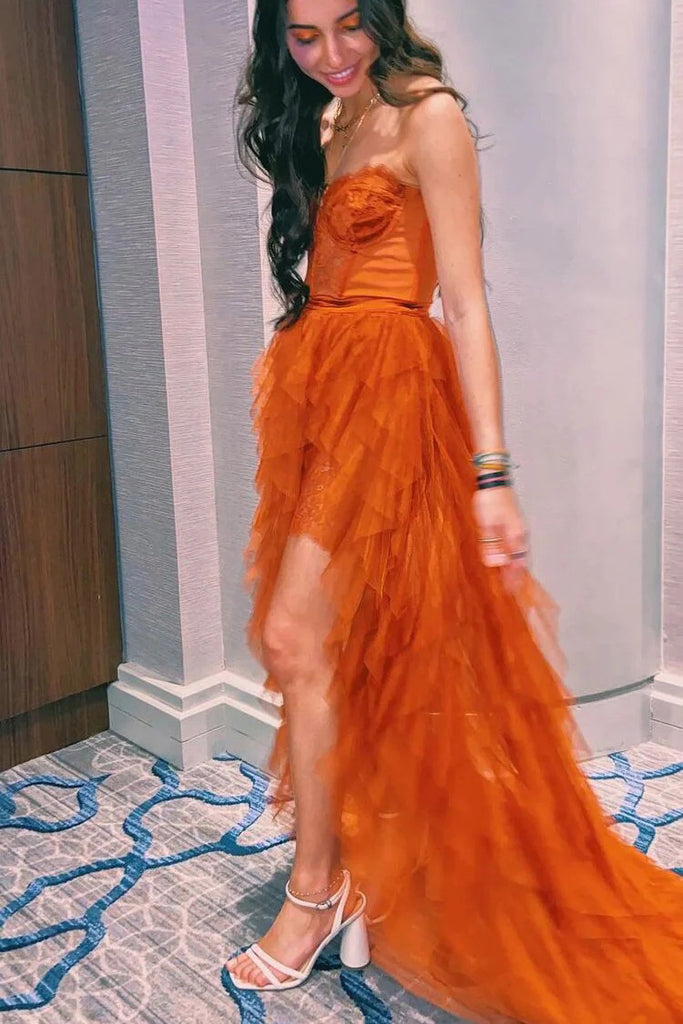 Orange Sweetheart Long Prom Dresses with Lace, Tiered Tulle Evening Dress With Slit CHP0258