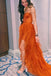 Orange Sweetheart Long Prom Dresses with Lace, Tiered Tulle Evening Dress With Slit CHP0258