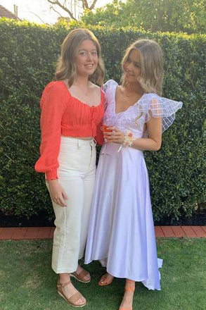 Two Piece Hi-Lo V-neck Puffy Sleeves Prom Dress, Cute Dress CHP0339