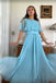 A Line Blue Pleated Chiffon Long Evening Dress, Party Dresses with Ruffles CHP0436
