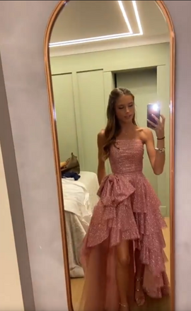 Shiny Strapless High Low Rose Gold Prom Party Dress With Bowknot CHP0434