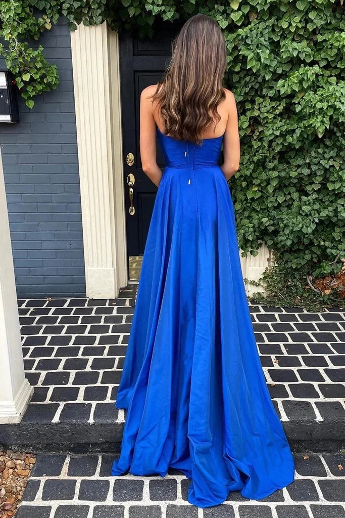 Simple A Line Deep V Neck Royal Blue Long Prom Dress with Split CHP0312