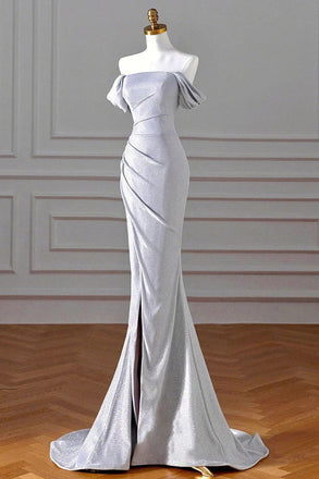 Off The Shoulder Evening Gown With Slit, Sparkly Mermaid Silver Sequin Prom Dress CHP0288